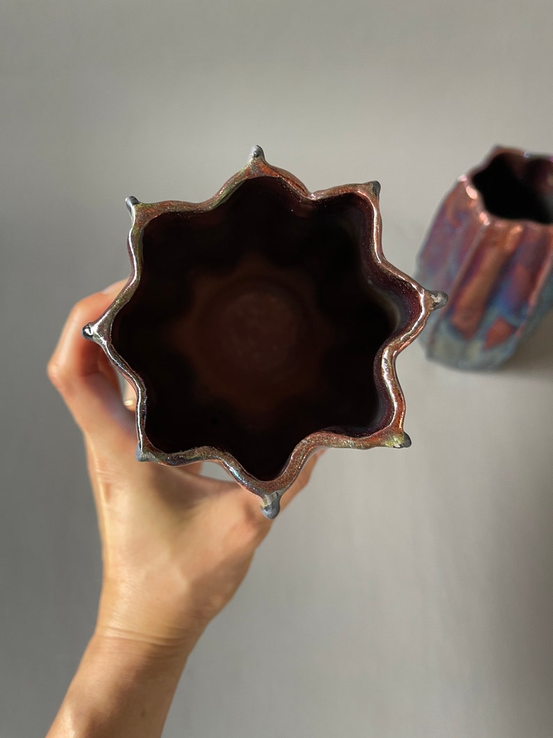 Handmade One-of-a-Kind Raku Vases Cactus Shaped Vase Unique Iridescent Rainbow Colors Shiny Metallic image 6