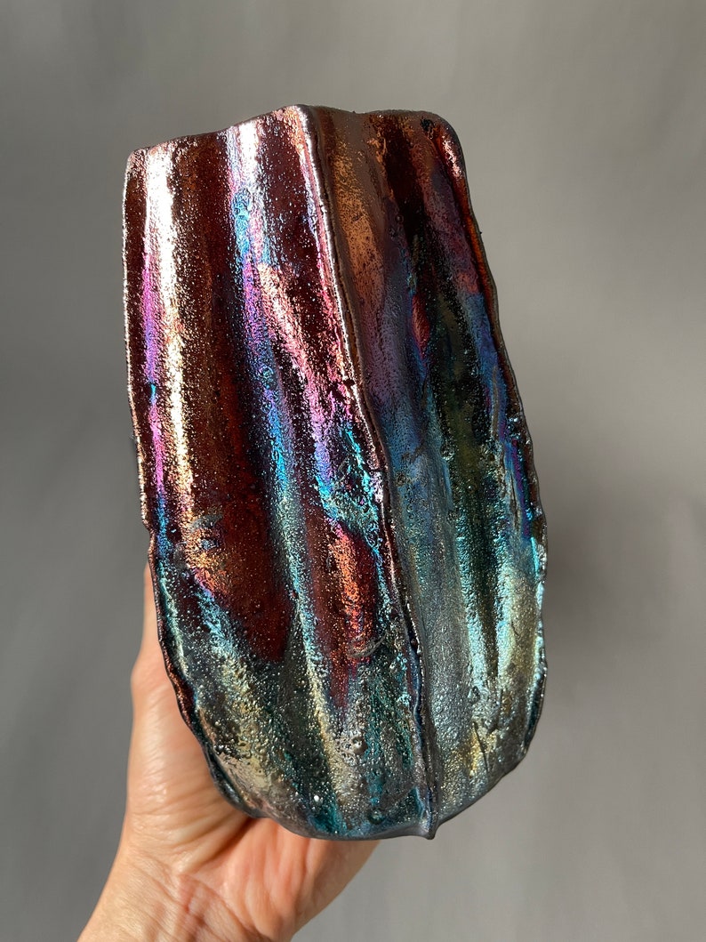 Handmade One-of-a-Kind Raku Vases Cactus Shaped Vase Unique Iridescent Rainbow Colors Shiny Metallic image 7