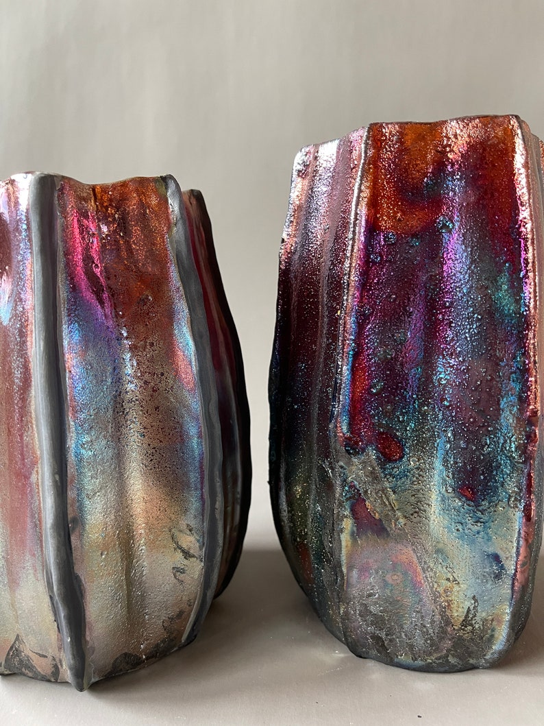 Handmade One-of-a-Kind Raku Vases Cactus Shaped Vase Unique Iridescent Rainbow Colors Shiny Metallic image 10