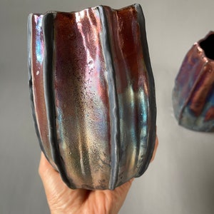 Handmade One-of-a-Kind Raku Vases Cactus Shaped Vase Unique Iridescent Rainbow Colors Shiny Metallic image 4