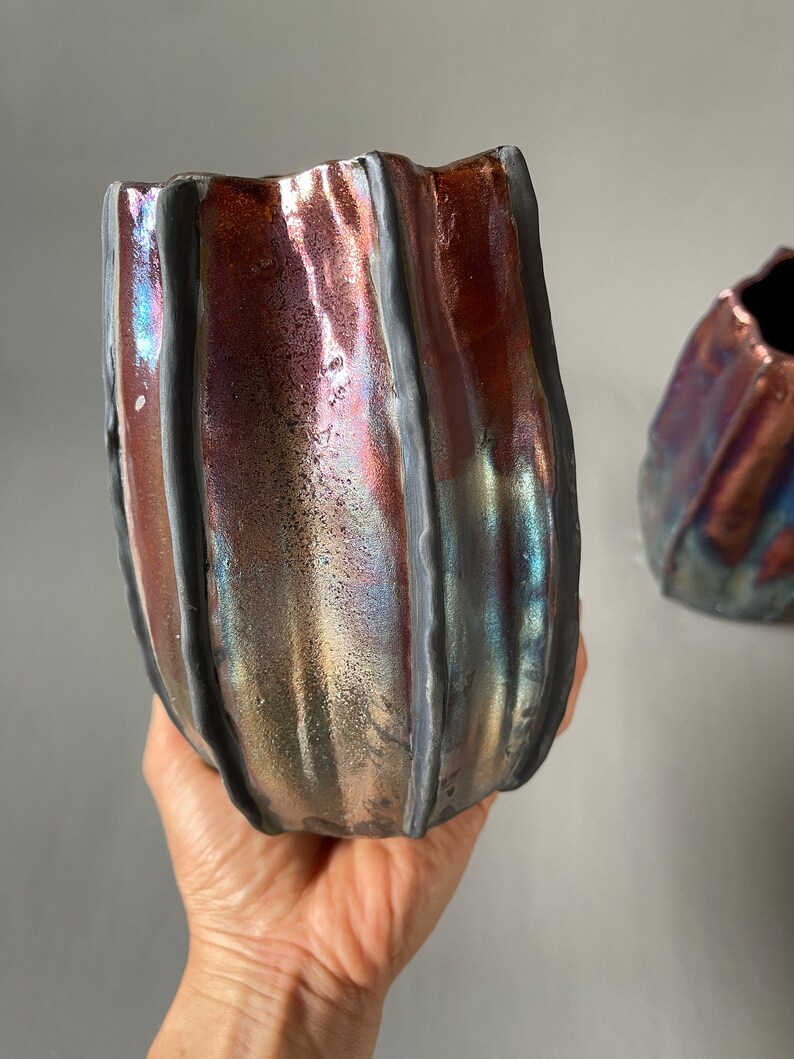 Handmade One-of-a-Kind Raku Vases Cactus Shaped Vase Unique Iridescent Rainbow Colors Shiny Metallic image 4