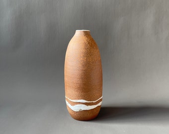 Handmade One-of-a-Kind Ceramic Vase - Simple Modern Minimalist Elegant Raw Clay White Waves Glaze Home Decor