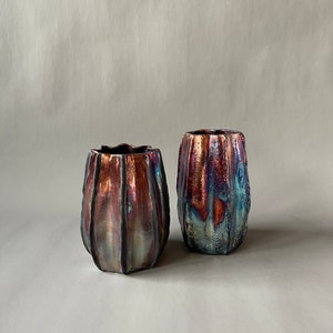 Handmade One-of-a-Kind Raku Vases Cactus Shaped Vase Unique Iridescent Rainbow Colors Shiny Metallic image 1