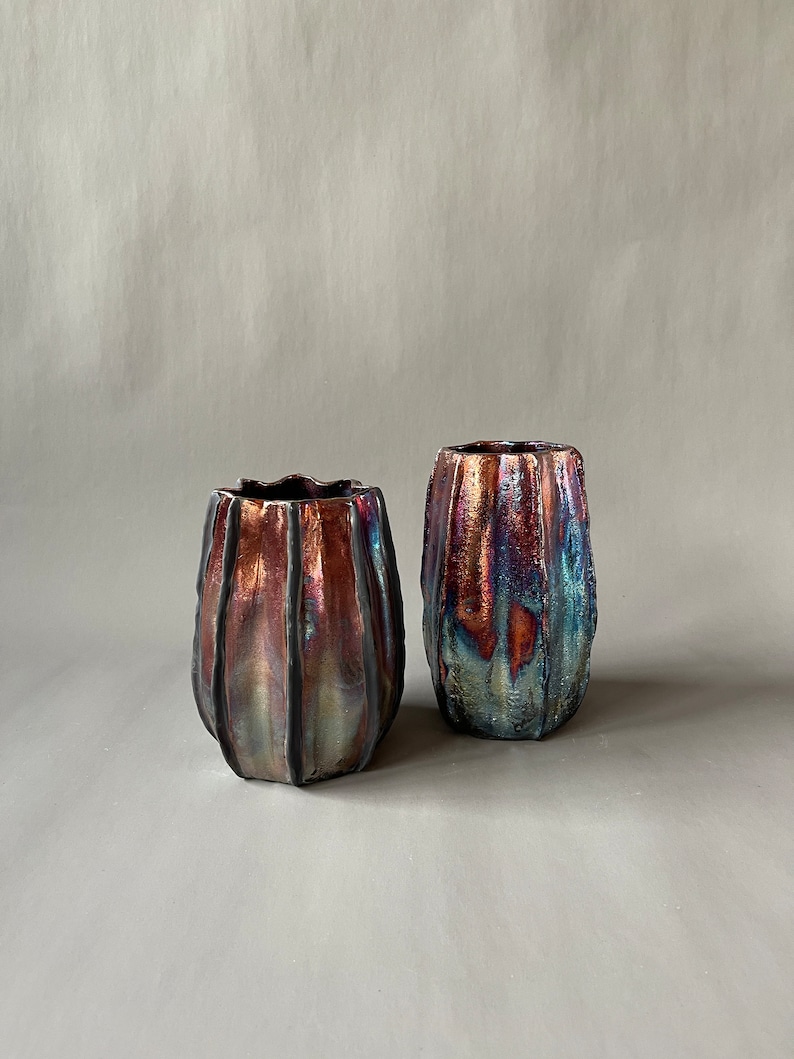 Handmade One-of-a-Kind Raku Vases Cactus Shaped Vase Unique Iridescent Rainbow Colors Shiny Metallic image 1