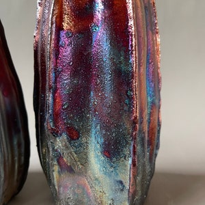 Handmade One-of-a-Kind Raku Vases Cactus Shaped Vase Unique Iridescent Rainbow Colors Shiny Metallic 6 3/4 Inches