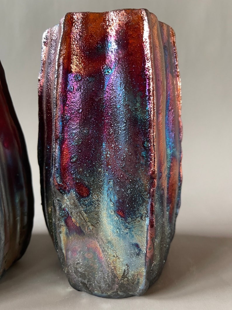 Handmade One-of-a-Kind Raku Vases Cactus Shaped Vase Unique Iridescent Rainbow Colors Shiny Metallic 6 3/4 Inches
