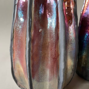 Handmade One-of-a-Kind Raku Vases Cactus Shaped Vase Unique Iridescent Rainbow Colors Shiny Metallic 6 1/4 Inches