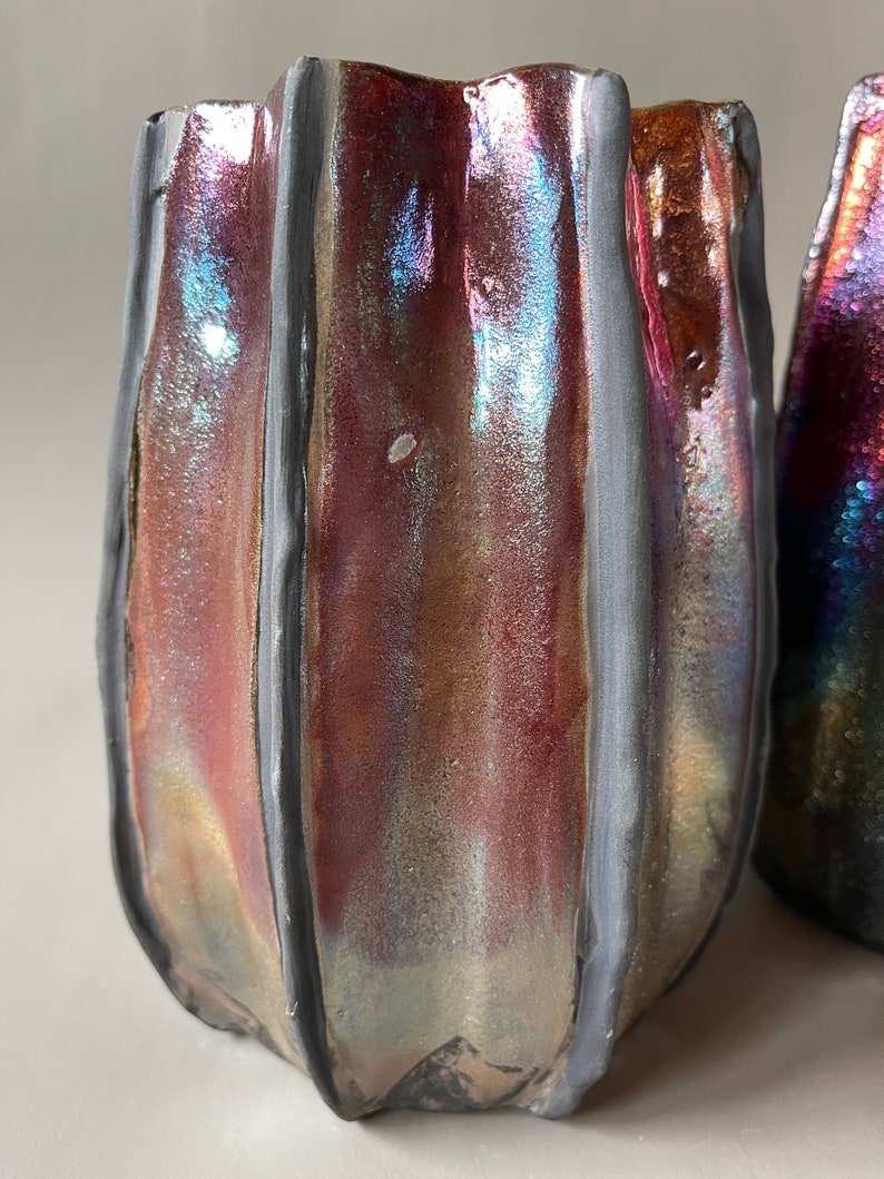 Handmade One-of-a-Kind Raku Vases Cactus Shaped Vase Unique Iridescent Rainbow Colors Shiny Metallic 6 1/4 Inches