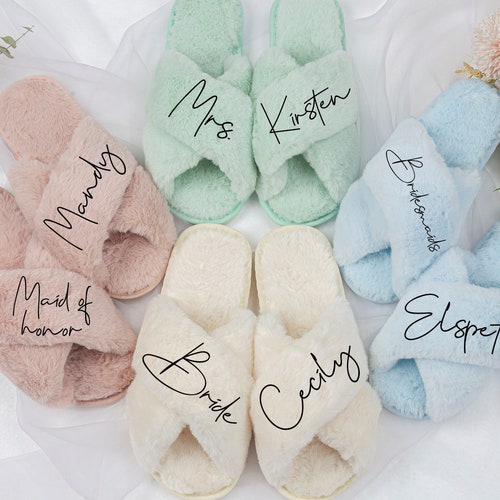 Fluffy Bridesmaid Slippers Bride Slippers Personalized Etsy