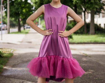 Dress-"Orchid Dream" Purple trapeze dress with organza frill, purple dress, violet dress, pink dress, free style dress, stylish dress.