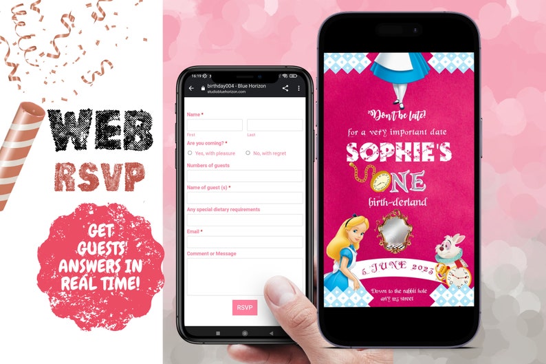WEBSITE INVITATION RVSP Girl Birthday Party Invitation . Alice in Wonderland. Kids Birthday