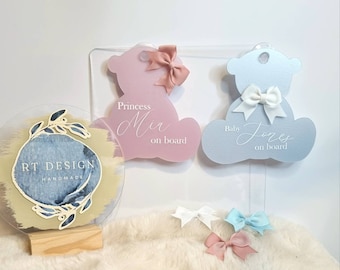 Newborn personalised baby on board car sign, acrylic shape teddy bear, Baby pink, Baby blue with bow, Baby shower gift, mummy to be present.