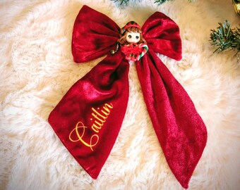 Velvet XL soft bow, girl elf personalised red hair clasp, large Christmas day custom blonde brunette hair accessory, daughter friend gift