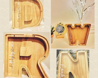 Gifts for newborns, 1st birthday present, alphabet money box, personalised piggy bank, wooden letter money, gift for baby, baby shower item