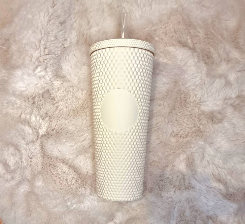 Studded 24oz double walled tumbler, personalised screw lid and straw, starbucks style, studded cold eco cup, birthday gift for girl friend White