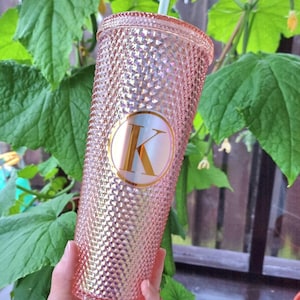 Studded 24oz double walled tumbler, personalised screw lid and straw, starbucks style, studded cold eco cup, birthday gift for girl friend Rose gold holo