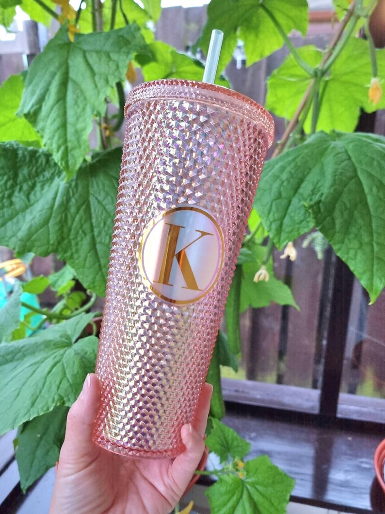 Studded 24oz double walled tumbler, personalised screw lid and straw, starbucks style, studded cold eco cup, birthday gift for girl friend Rose gold holo