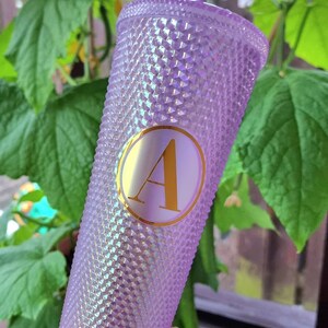 Studded 24oz double walled tumbler, personalised screw lid and straw, starbucks style, studded cold eco cup, birthday gift for girl friend Pink Holo
