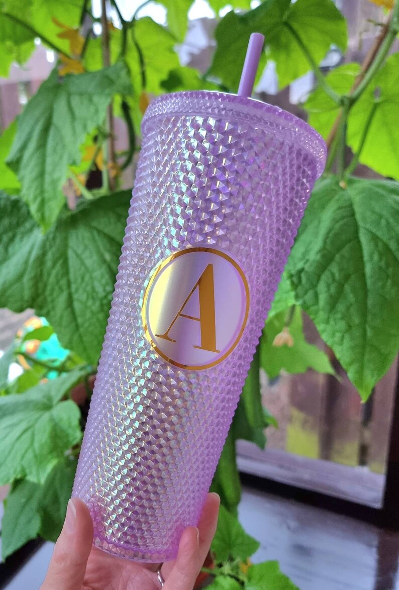 Studded 24oz double walled tumbler, personalised screw lid and straw, starbucks style, studded cold eco cup, birthday gift for girl friend Pink Holo