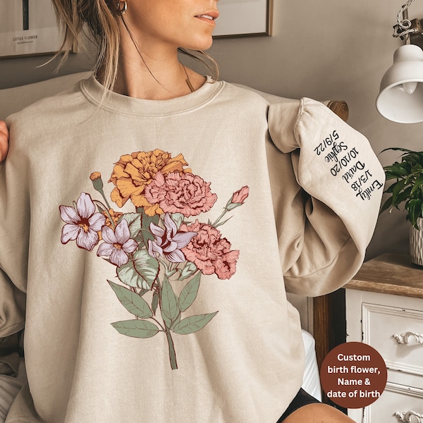 Sweat-shirt personnalisé de bouquet de fleurs du mois de naissance, chemise de fleur de naissance, cadeau de fête des mères pour maman végétale, cadeau sentimental, pull Cottagecore, flore