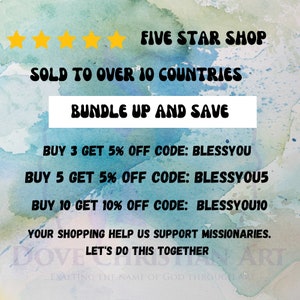 Op de afbeelding: Een aquarel achtergrond met tekst die luidt: "Five Star Shop", "Verkocht in meer dan 10 landen", "Bundel en bespaar", "Koop 3, krijg 5% korting, code: BLESSYOU", "Koop 5, krijg 5% korting, code: BLESSYOU5", "Koop 10, krijg 10% korting, code: BLESSYOU10", "Uw aankopen helpen ons missionarissen te ondersteunen. Laten we dit samen doen."