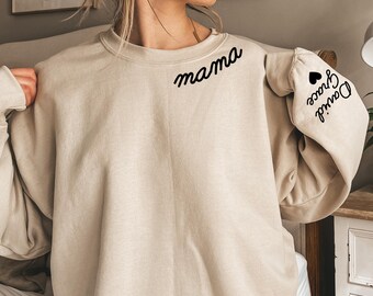 Custom Mama Sweatshirt With Kid Name On Sleeve, Personalized Mom Sweatshirt, Minimalist Momma Hoodie, Gift For Her, Christmas Gift For Mom