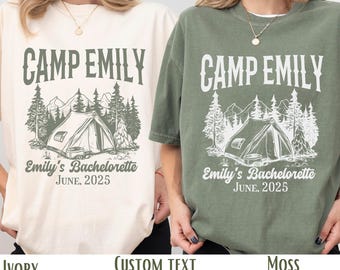 Koszulka Vintage Camp Bachelorette, spersonalizowane koszulki na wieczór panieński na kempingu, koszulka Outdoor Mountain Bride, wieczór panieński w stylu retro z motywem jeziora, wędrówka po górach