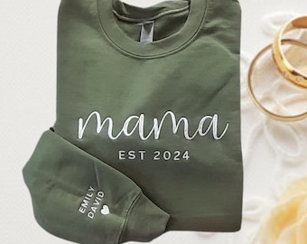 Custom Mama Embroidered Sweatshirt With Kids Names Sleeve, Custom Mom Hoodie, Baby Reveal Outfit, New Mom Clothing, Custom Mothers Day Gifts