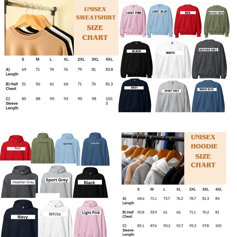 Puede incluir: La imagen presenta una tabla de tallas de sudaderas y sudaderas con capucha unisex. La tabla de sudaderas incluye medidas de largo, pecho y largo de manga. Los colores incluyen rosa claro, azul claro, rojo, verde militar, negro, blanco, gris jaspeado, azul marino, gris deportivo y azul &iacute;ndigo.