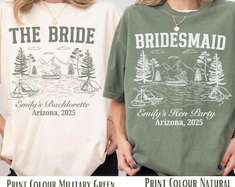 Koszulka Vintage Camp Bachelorette, spersonalizowane koszulki na wieczór panieński na kempingu, koszulka Outdoor Mountain Bride, wieczór panieński w stylu retro z motywem jeziora, wędrówka po górach