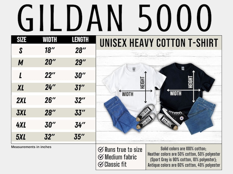 Op de afbeelding: Witte en zwarte unisex heavy cotton t-shirts met maat- en meetgegevens. De afbeelding bevat een maattabel met afmetingen in inches en informatie over de stofsamenstelling.
