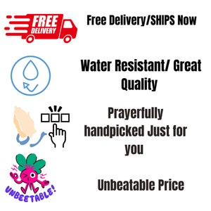 May include: A graphic illustration of a delivery truck with the text "FREE DELIVERY" on it.  Below the truck is a blue circle with a white water drop and a checkmark.  Below the circle is a graphic illustration of two hands clasped in prayer with a white square with three white dots above the hands.  Below the hands is a graphic illustration of a purple beet with a face and the text "UNBEETABLE!"  The text "Free Delivery/SHIPS Now" is above the truck.  The text "Water Resistant/Great Quality" is below the circle.  The text "Prayerfully handpicked Just for you" is below the hands.  The text "Unbeatable Price" is below the beet.