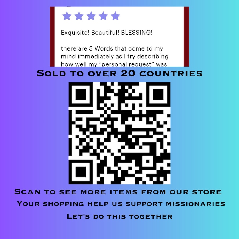 Op de afbeelding: Een promotionele afbeelding met een paarse en blauwe gradi&euml;nt achtergrond. Het bevat een QR-code, klantbeoordelingstekst en de zinnen "VERKOCHT AAN MEER DAN 20 LANDEN", "SCAN OM MEER ARTIKELEN UIT ONZE WINKEL TE ZIEN" en "LATEN WE DIT SAMEN DOEN".