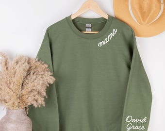 Custom Mama Sweatshirt With Kid Name On Sleeve, Personalized Mom Sweatshirt, Minimalist Momma Hoodie, Gift For Her, Christmas Gift For Mom