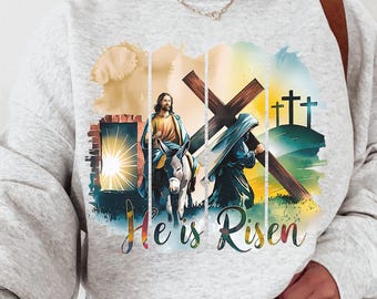 Maglietta cristiana, abbigliamento pasquale alla moda, maglietta di Gesù Cristo, maglietta con la scritta "È risorto", maglietta con grafica ispirata alla fede, regalo cristiano per lui