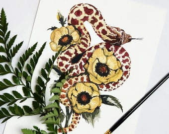 Impresión de arte de serpiente nariz de cerdo acuarela. Decoración de reptiles. Arte de la pared de la vendimia. Pintura Floral. Serpiente realista. Decoración de cabaña. Arte brujo.