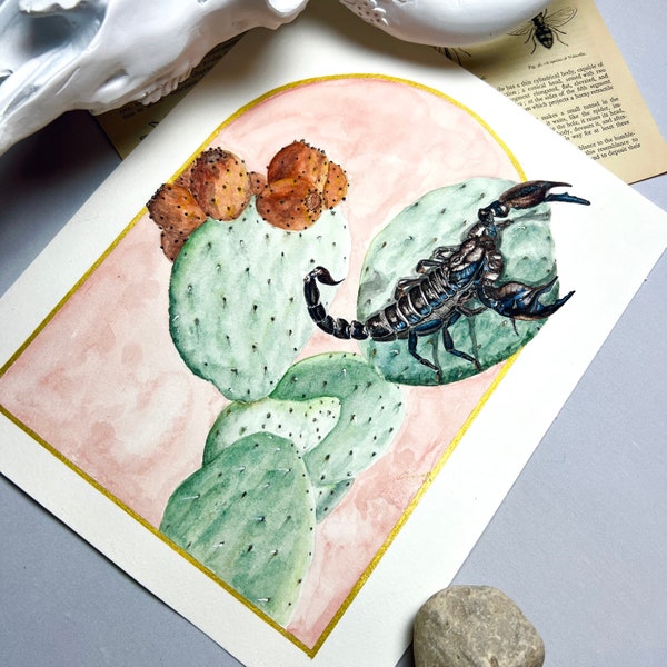 Watercolor Scorpion Art Print. Desert Art. Arizona Cactus Wall Art. Cactus and Scorpion Painting. Southwestern Decor. Cactus Illustration.