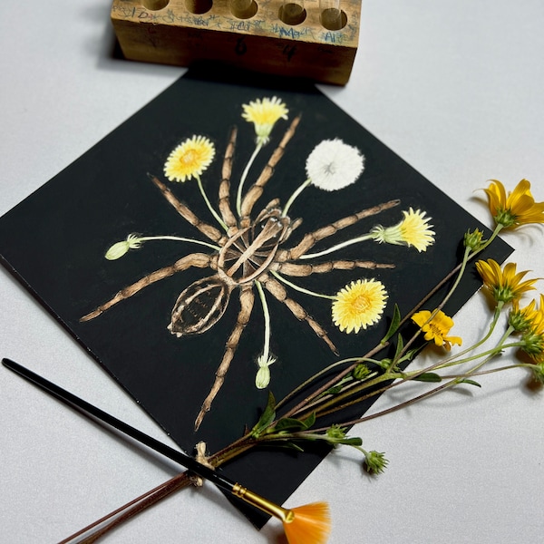 Watercolor Wolf Spider Art Print. Boho Floral Bug Painting. Science Classroom Art. Dandelion Nature Art. Dark Academia Art. Spider Drawing.