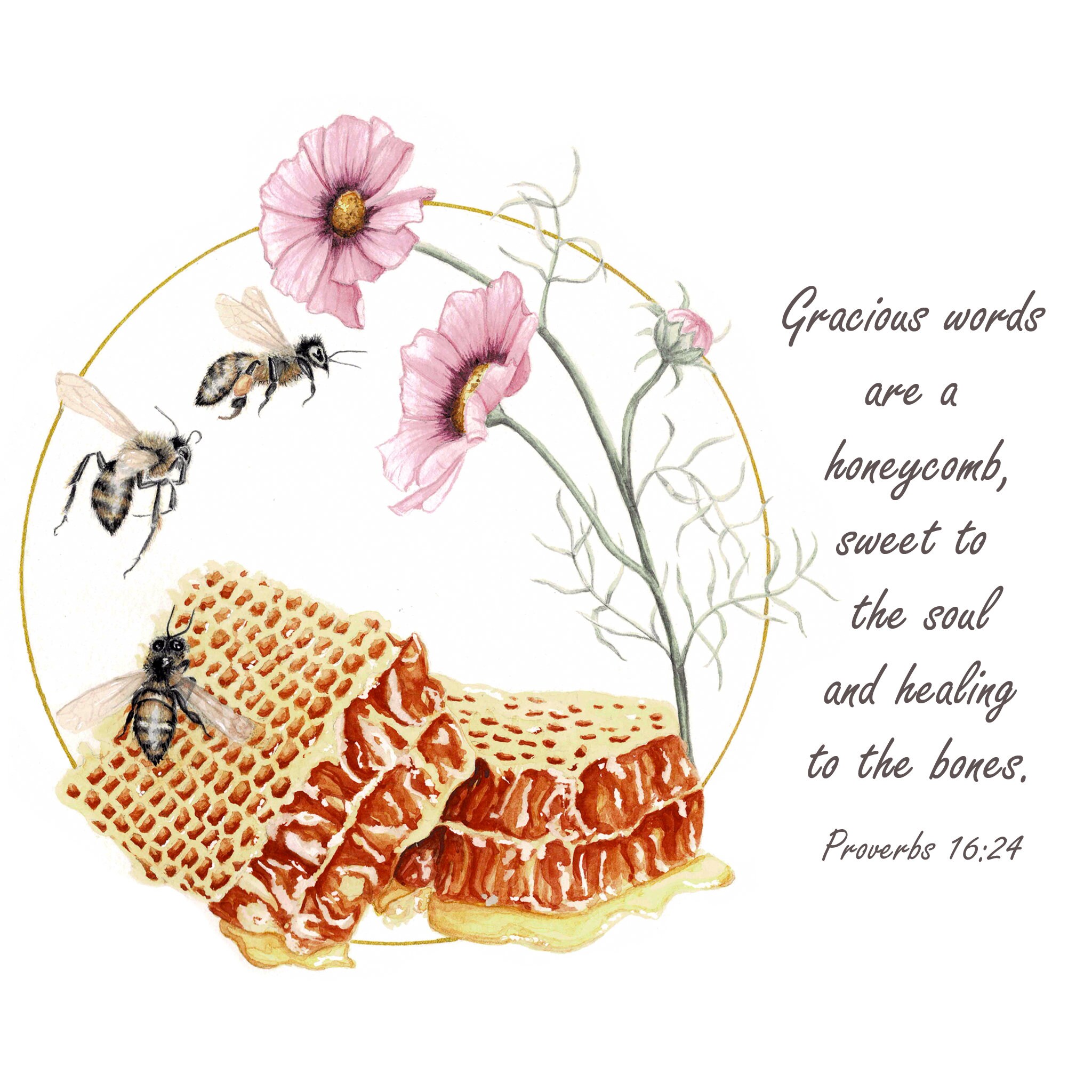Christian Bee Art Print. Proverbs 16:24 Bible Verse. Watercolor ...