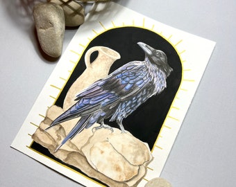 Watercolor Raven Art Print. Black Raven Painting. Dark Academia Raven Art. Crow Artwork. Halloween Raven Print.