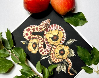 Impresión de arte de serpiente nariz de cerdo acuarela. Decoración de reptiles. Arte de la pared de la vendimia. Arte de serpiente floral. Pintura de serpiente nariz de cerdo. Arte oscuro de la academia.