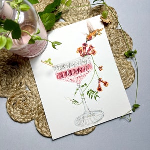 Aquarel kolibrie & Cocktail Art Print. Roze cocktailkunst. Thuisbardecoratie. Kolibrie schilderij. Champagne-kunstafdruk. Unieke natuurkunst