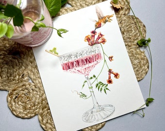 Watercolor Hummingbird & Cocktail Art Print. Pink Cocktail Art. Home Bar Decor. Hummingbird Painting. Champagne Art Print. Unique Nature Art