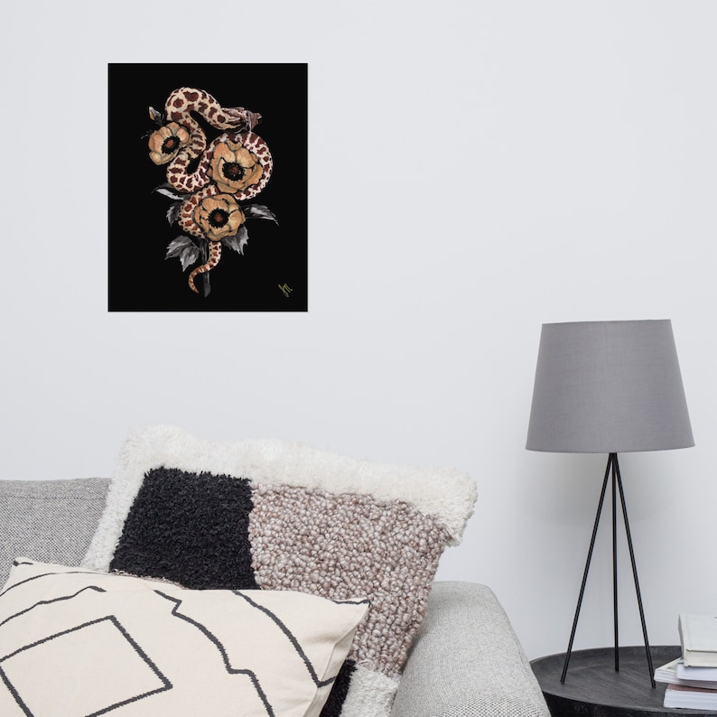 Watercolor Hognose Snake Art Print. Reptile Decor. Vintage Wall Art. Floral Snake Art. Hognose Snake Painting. Dark Academia Art.