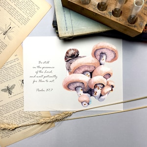 Christian Snail and Mushroom Art Print. Psalm 37:7 Bible Verse. Snail Scripture Decor. Pink Mushroom Nursery Wall Art. Christian Classroom.