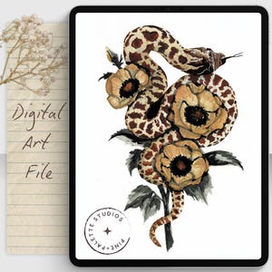 DIGITAL Watercolor Hognose Snake Art File. Snake Decor. Dark Academia Wall Art. Floral Painting. Realistic Snake. Cottagecore Decor.