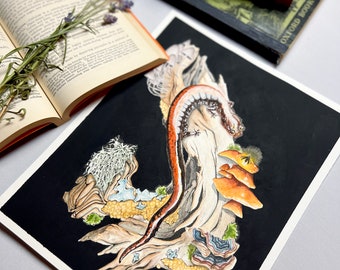 Watercolor Salamander Art Print. Science Classroom Decor. Mushroom Painting. Botanical Nature Illustration. Dark Academia. Cottagecore Art.