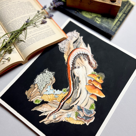 Watercolor Salamander Art Print. Science Classroom Decor. Mushroom Painting. Botanical Nature Illustration. Dark Academia. Cottagecore Art.