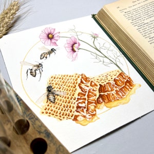 Aquarell Biene Kunstdruck. Honigbiene Poster. Botanische Kunstdruck. Rosa Blumenmalerei. Honigwaben Illustration. Imker Geschenk. Bienenkindergarten.