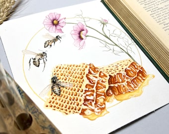 Impresión artística de abejas en acuarela. Póster de abejas. Impresión artística botánica. Pintura floral rosa. Ilustración de panal. Regalo de apicultor. Guardería de abejas.